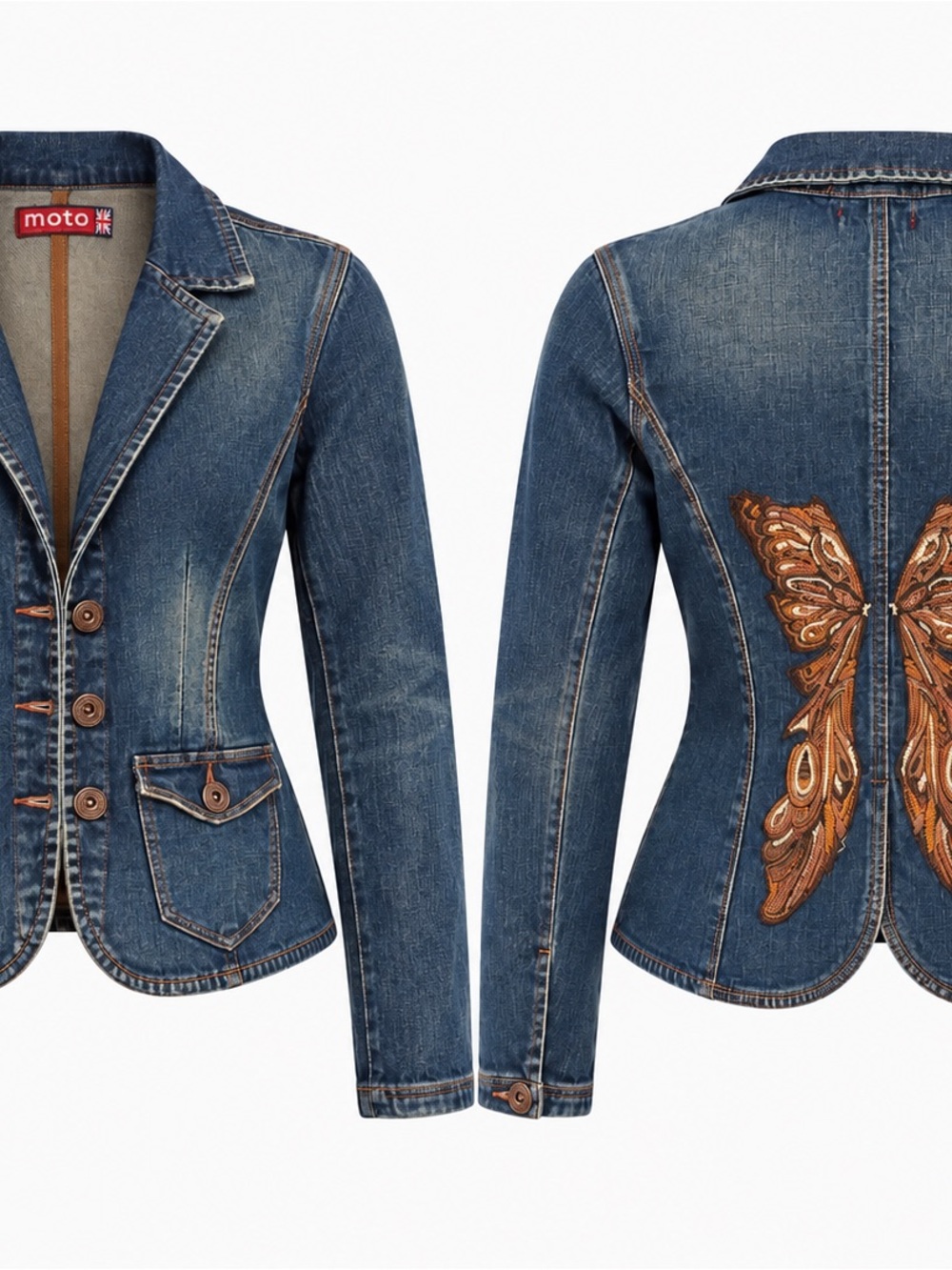 Moto Women's Blue Denim Jacket with Embroidered Butterfly Detail fairy cute y2k